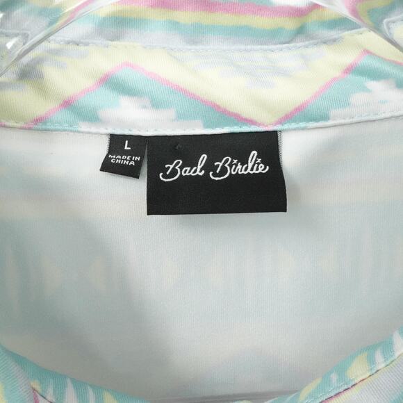 Bad Birdie Polo Shirt Mens Large Mint Pink Pastel Aztec Stripe Golf Performance - Picture 3 of 15